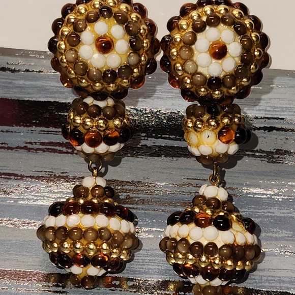 #2459 SIGNED RICHARD KERR EXQUISITE1970's LONG CLIP EARRINGS PAVE TIGER EYE